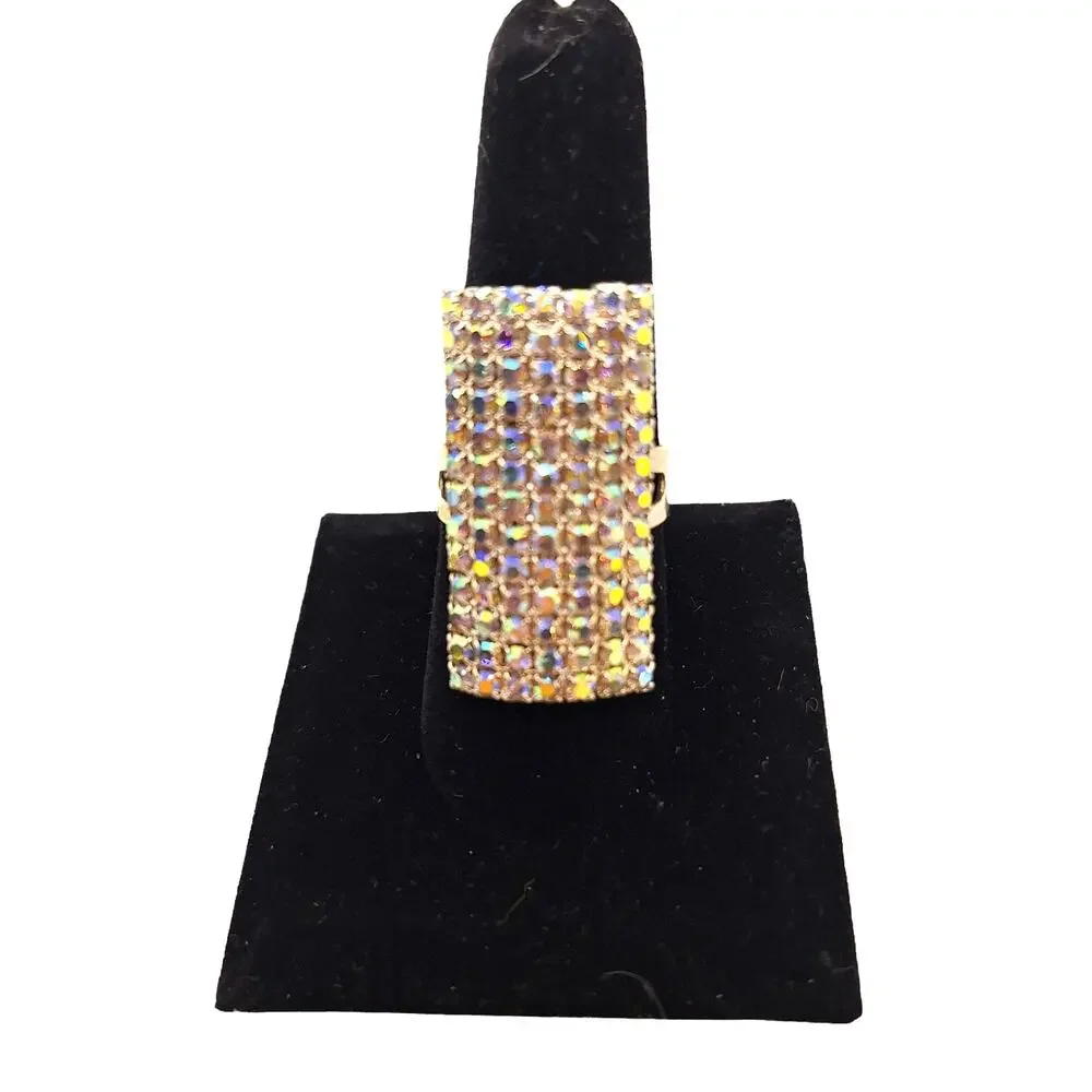 AB Rhinestones Pave' Set Adjustable Statement Ring  Silver Tone